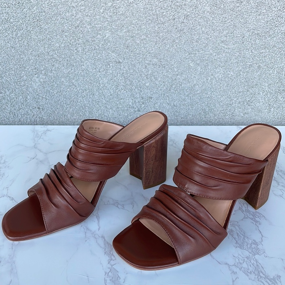 Brown Leather Ruched Block Heel Mules
